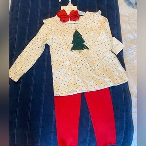 Starting Out Girls Holiday Outfit with Christmas Tree Embroidery